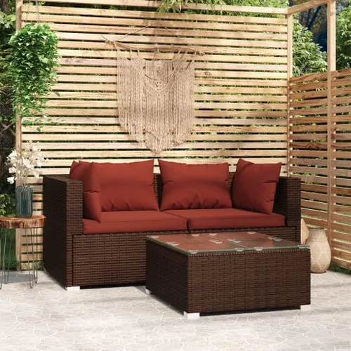 Vista 12 de Brown Wicker Patio 3-Seater Sofa with Cushions, PE Rattan Outdoor Seating Set with Steel Frame Brown and Cinnamon Red