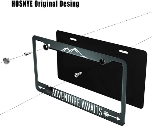 Vista 3 de HOSNYE Adventure Awaits - Marco de matrícula para entusiastas de los viajes alpinos, cubierta de metal para placas frontales, marco de placa