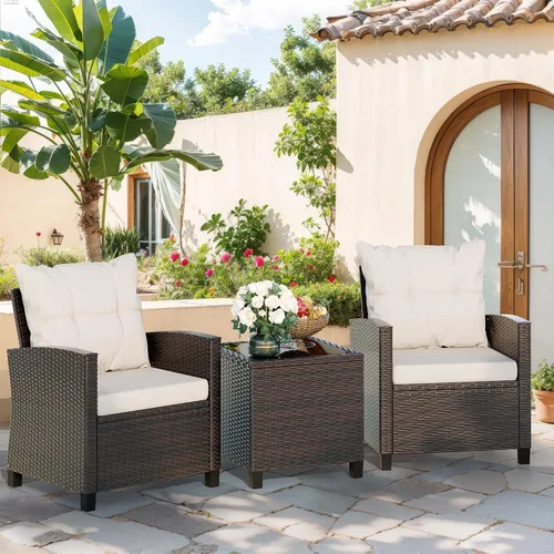 Vista 2 de Vongrasig juego de 3 muebles de patio de mimbre para exteriores, pequeño juego de ratán para porche delantero, juego de bistró con sillas acolchadas