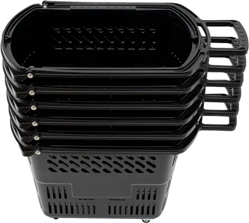 Vista 3 de Carrito de compras de 6 piezas, 35L/9.2 galones grande de plástico negro con 4 ruedas y asa, cesta de compras portátil independiente
