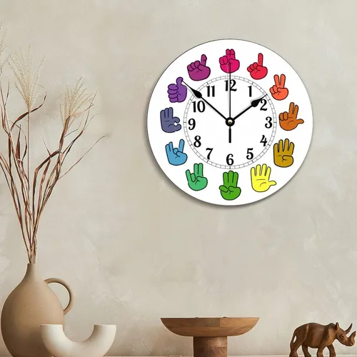 Vista 4 de Reloj de pared de madera arcoíris con lenguaje de señas, moderno, funciona con pilas, silencioso, sin tictac, relojes de pared decorativos