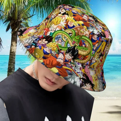 Vista 6 de Sombrero de cubo de anime para hombres y mujeres, sombreros de cubo de dibujos animados, sombrero de protección solar plegable al aire libre fresco