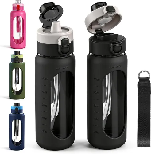 Vista 9 de ANOTION Botella de agua de vidrio de 24 onzas con popote y funda de Negro