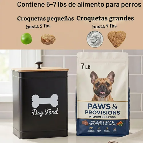 Vista 3 de Contenedor de comida de metal para perros de 5 a 7 libras, 25 tazas con tapa de bambú hermética, mango de metal Negro: Hueso