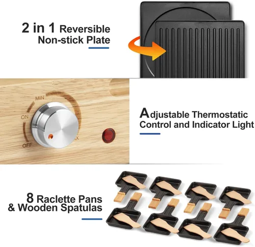 Vista 3 de CUSIMAX - Parrilla de mesa de raclette para interiores, parrilla eléctrica de 1500 W con placa antiadherente reversible 2 en 1/base de madera