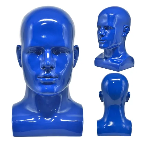 Vista 11 de FanLin Cabeza de maniquí masculino profesional para exhibir pelucas, sombreros, máscara de auriculares, gafas de sol, joyería y soporte de Azul