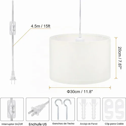 Vista 2 de PATIKIL - Lámpara colgante con enchufe, lámpara de 15 pies con cable de cuerda y interruptor de encendido/apagado, pantalla de tela de lino, enchufe