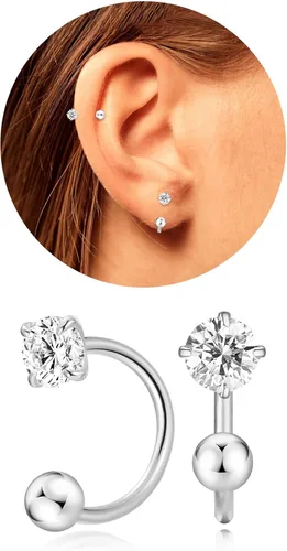 Vista 32 de Pequeños aretes de piedra natal natural de 0.118 pulgadas para mujeres, adolescentes y niñas, pequeños aretes de medio aro para cartílago