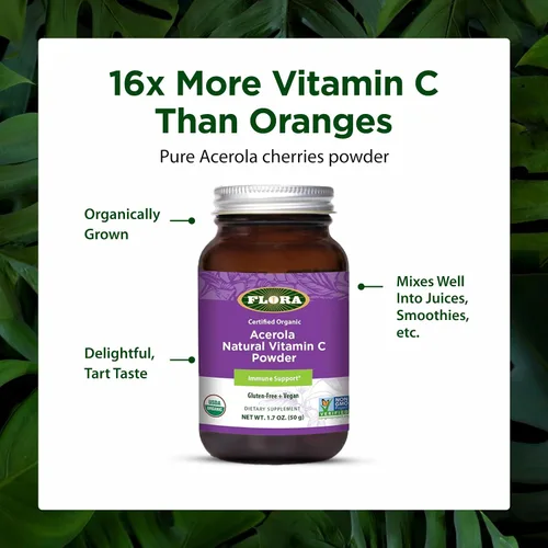 Vista 4 de Flora Polvo de acerola, vitamina C y antioxidantes, suplemento de apoyo inmunológico, orgánico, sin OMG y vegano, botella de vidrio de 1.7 onzas