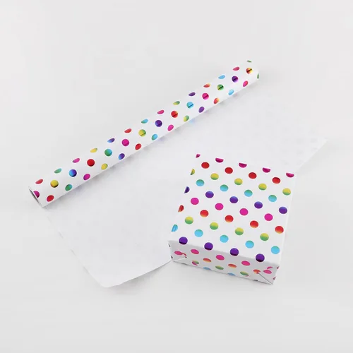 Vista 3 de Miss DuiDui Rollo de papel de regalo de puntos, 17 x 315 pulgadas, papel de regalo con diseño de puntos de aluminio coloridos para fiestas