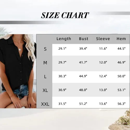 Vista 5 de APRAW Camisas casuales de manga corta con botones para mujer, de verano, de algodón, lisas, con bolsillos