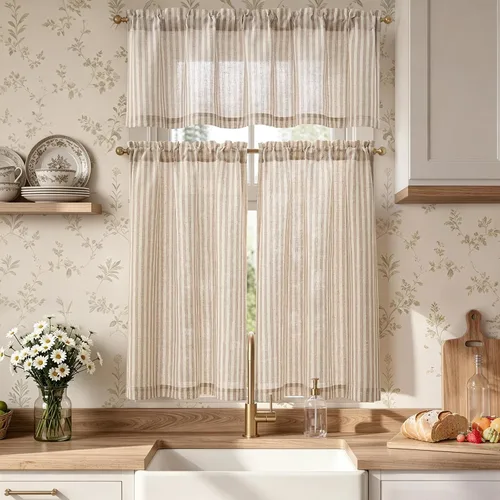 Vista 12 de Jinchan - Juego de cortinas y cenefas de cocina estilo bohemio negro sobre beige y bolsillo para barra Boho Negro sobre Beige