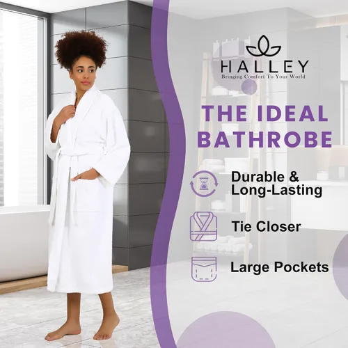Vista 2 de HALLEY Bata de baño de lujo para mujeres y hombres, bata de baño con cuello de chal, bata de baño de algodón de rizo ultra suave con bolsillos