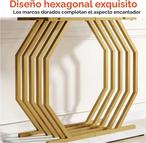 Vista 7 de Tribesigns Mesa Consola Dorada, Mesa de Entrada Estrecha de Mármol Sintético con Base de Metal Geométrica, Mesa de Acento Moderna de 40 Pulgadas