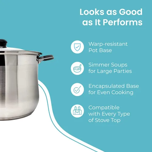Vista 4 de Olla profesional de acero inoxidable para sopa, caldo y pasta con tapa de vidrio, base encapsulada, capacidad de inducción de gas, tamaño de 12