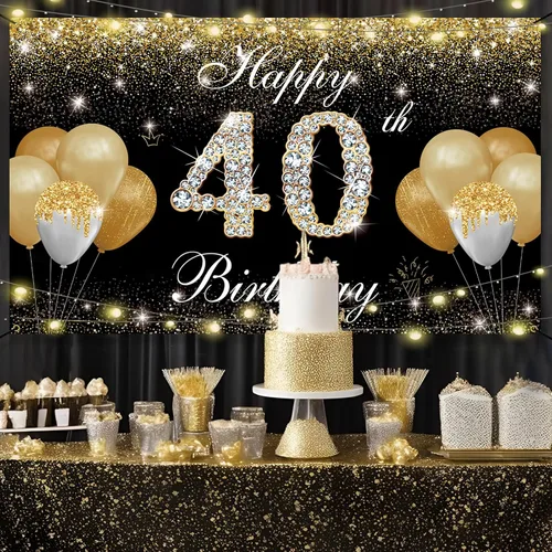 Vista 4 de Decoraciones de feliz cumpleaños 40 para hombres y mujeres, pancarta de fondo de cumpleaños número 40 negro y dorado, cartel de patio, accesorios
