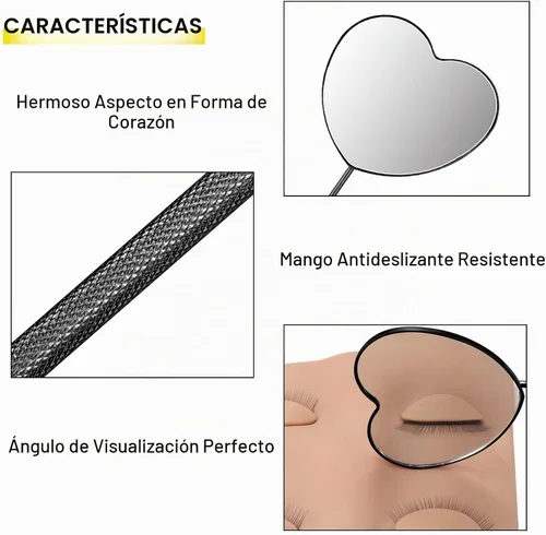 Vista 6 de Espejo de pestañas con forma de corazón Suministros y herramientas desmontables de extensión de pestañas de acero inoxidable de 2.2 pulgadas, Negro