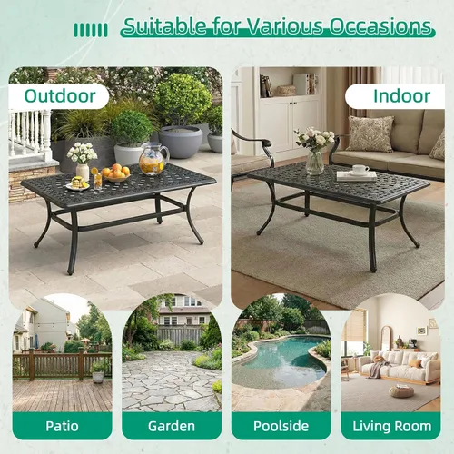Vista 8 de VIVIJASON Mesa de centro de aluminio fundido para exteriores, mesa rectangular de conversación de patio de 42 x 24 pulgadas con parte superior