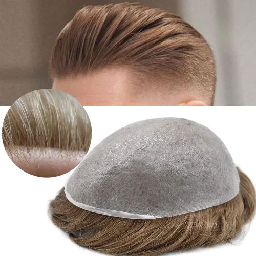 Vista 22 de Pieza de pelo para hombre, sistema de reemplazo de cabello de piel ultra fina para hombres, pieza de pelo de tupé para hombres, cabello humano real
