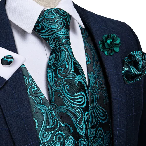 Vista 2 de DiBanGu Juego de chaleco y corbata para hombre, chaleco formal de cachemira y corbata con bolsillo cuadrado y gemelos, de seda, para traje o Verde