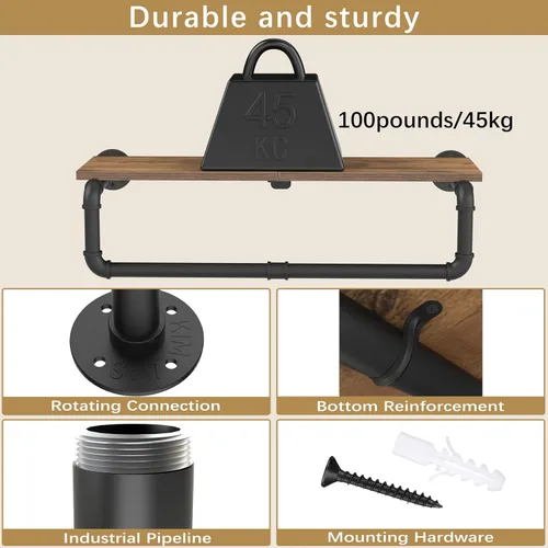 Vista 5 de Perchero Industrial de Tubería, Perchero de Ropa de Hierro Resistente Montado en Pared para Colgar Ropa, Estante con Barra para Colgar