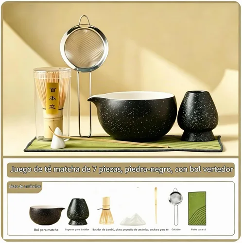 Vista 2 de Juego de batidor de matcha, kit de 7 piezas, juego de ceremonia de té matcha, chawan de cerámica negra con boquilla de vertido, bambú Chasen