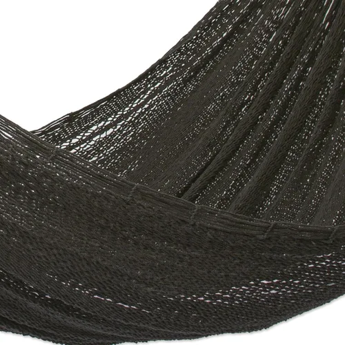 Vista 3 de NOVICA Hamaca artesanal de cuerda de algodón tejida a mano, color negro, doble México, sólido, 'Uxmal Black' (doble)