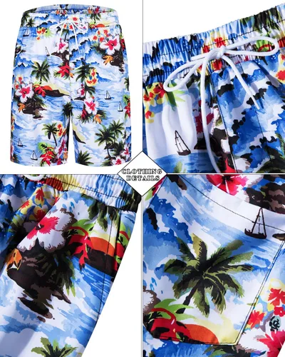 Vista 29 de TUNEVUSE Conjunto de camisas y pantalones cortos hawaianos para hombre, 2 piezas, trajes de playa con estampado de flores, traje tropical de verano