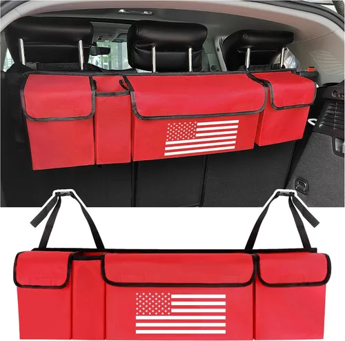 Vista 8 de Organizador de maletero Turcee, organizador de almacenamiento de coche de gran capacidad con diseño de bandera de EE. UU., organizadores de coche