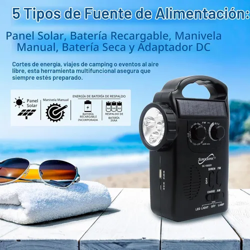 Vista 2 de Supersonic SC-1095ER Radio de emergencia solar/manivela con linterna, 3 fuentes de alimentación, linterna de emergencia, altavoz, radio AM/FM, panel