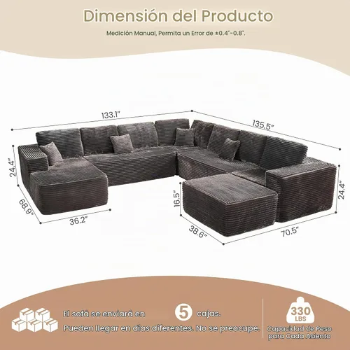 Vista 2 de HOOOWOOO Cloud - Sofás seccionales para sala de estar, sofá modular sin montaje, 136 x 133 pulgadas, juego de sofá grande en forma de G de pana