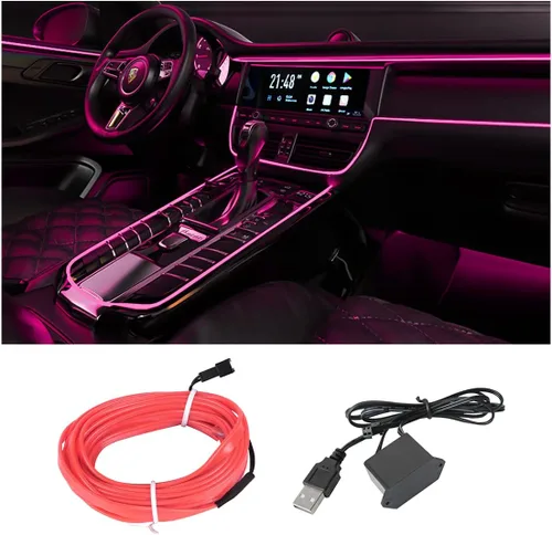 Vista 18 de Tira de luces LED de cable EL, tira de luz de neón automática USB de 10 pies/3M con borde de costura, kits de iluminación ambiental
