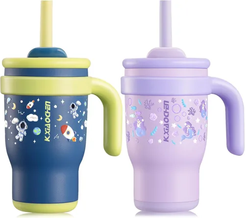Vista 16 de KXIAOCHEN Vaso para niños de 14 onzas con asa para evitar derrames, vaso aislado reutilizable de acero inoxidable para niños pequeños, mantiene