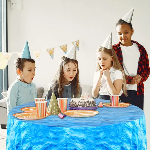 Vista 4 de Oudain Mantel redondo de plástico de 84 pulgadas con diseño de olas oceánicas, cubierta redonda para mesa de picnic con temática de océano azul