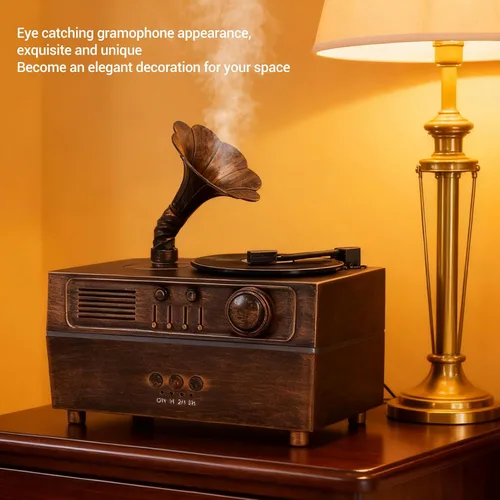 Vista 5 de Zunate Humidificador de aromaterapia retro, estilo gramófono, difusor de aceite vintage, máquina de niebla fría para relajación del hogar