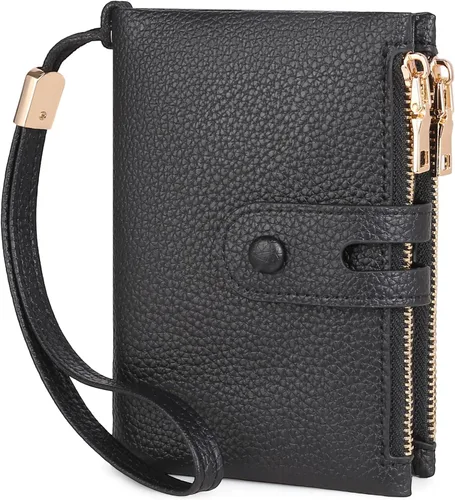 Vista 8 de FALAN MULE Cartera pequeña de cuero para mujer, con bloqueo RFID, tarjetero plegable con bolsillos dobles con cremallera, Marrón claro