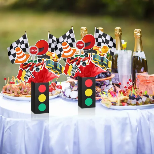 Vista 7 de 6 Juegos de Decoraciones de Fiesta de Cumpleaños de Autos de Carrera Centros de Mesa de Autos de Carrera para Mesas con Cajas de Tráfico Decoración