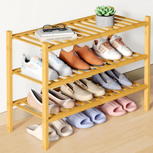 Vista 53 de Smiry Zapatero de bambú para armario, organizador de zapatos de madera de 3 niveles, estante apilable de almacenamiento de zapatos de madera