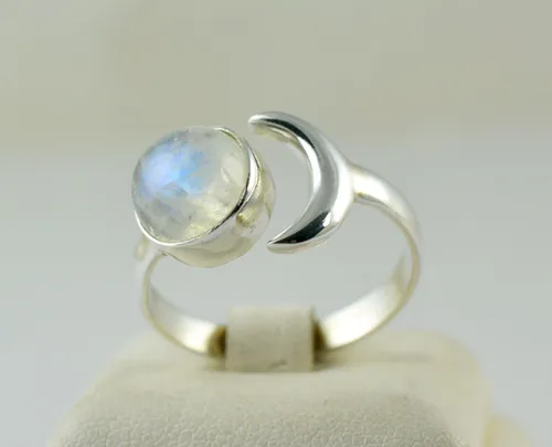 Vista 4 de Navya Craft Anillo de plata de ley 925 con piedra lunar y luna creciente, ajustable, para mujer, piedra lunar arcoíris natural, joyería hecha a