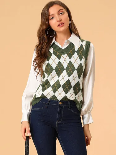 Vista 2 de Allegra K Suéter de punto Argyle a cuadros para mujer, Café