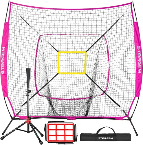 Vista 13 de Storgem Baseball and Softball Practice Net 7×7ft Portable Hitting Pitching Batting Training Net Baseball Backstop Net with Batting Tee and Strike