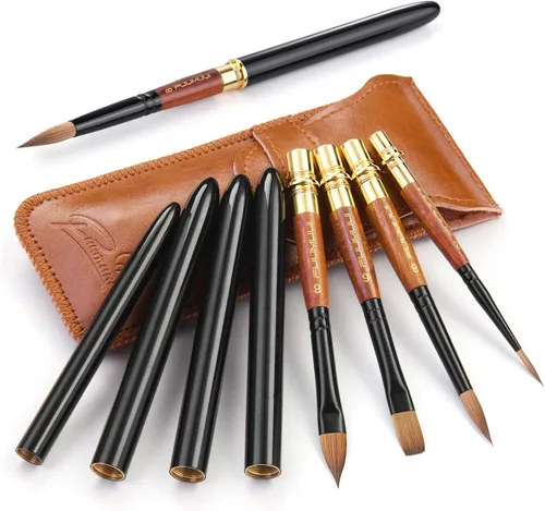 Vista 7 de Pinceles de acuarela para viajes, Fuumuui 3 piezas Plein Air elegantes pinceles Sable para acuarela con estuche de cuero de bolsillo, perfectos