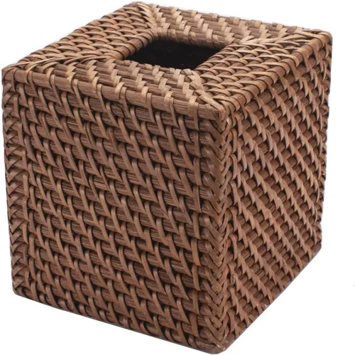 Vista 3 de Cubierta de la caja de pañuelos de ratán tejido natural para servilleta facial cuadrada (marrón miel, 5.5 x 5.5 x 5.9 pulgadas)