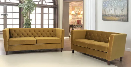 Vista 35 de Container Furniture Direct Sofá clásico de oficina tapizado de terciopelo de tres plazas con capitoné, cómodo sofá de oficina para espacios grandes