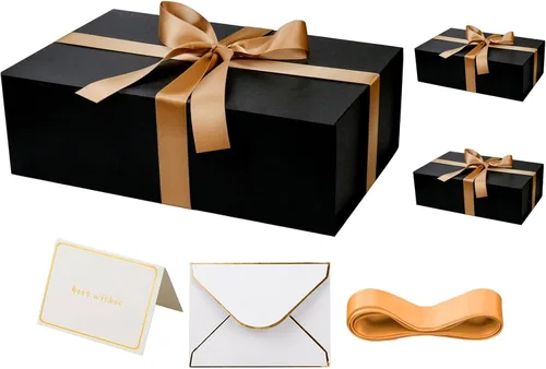 Vista 8 de YINUOYOUJIA Cajas de regalo grandes negras con tapa, caja de regalo magnética de 14 x 9 x 4.5 pulgadas con cinta, tarjetas y sobres para regalos