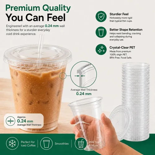 Vista 4 de Paquete de 100 tazas de café helado de 16 onzas de agarre cómodo con tapas y popotes – Vasos desechables de plástico transparente de 16 onzas