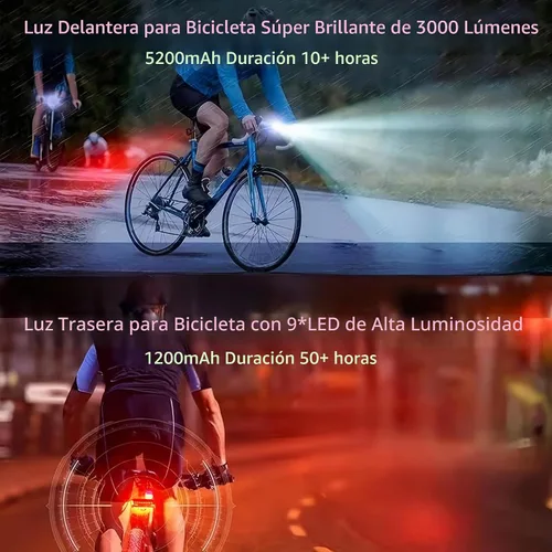 Vista 3 de Luces de bicicleta de 3000 lúmenes para conducción nocturna, batería de gran capacidad de 5200 mAh, luces de bicicleta recargables USB-C delanteras