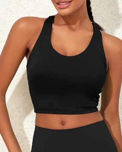 Vista 2 de XUNYU Sujetador deportivo de línea larga para mujer, con tirantes delgados, soporte integrado, espalda abierta, entrecruzada, para yoga