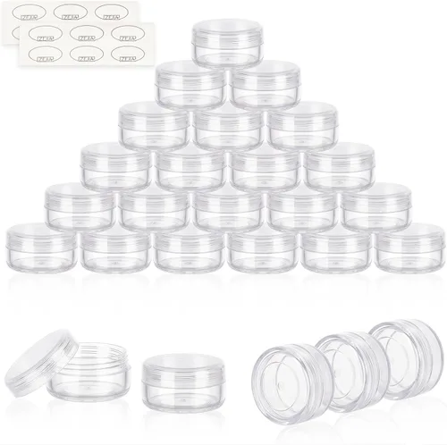 Vista 18 de Contenedores de cosméticos con tapas, tarros de loción de plástico, tarros para muestras, con tapa rosa, 0.2 oz, 25 unidades, Tarro de 3 gramos.
