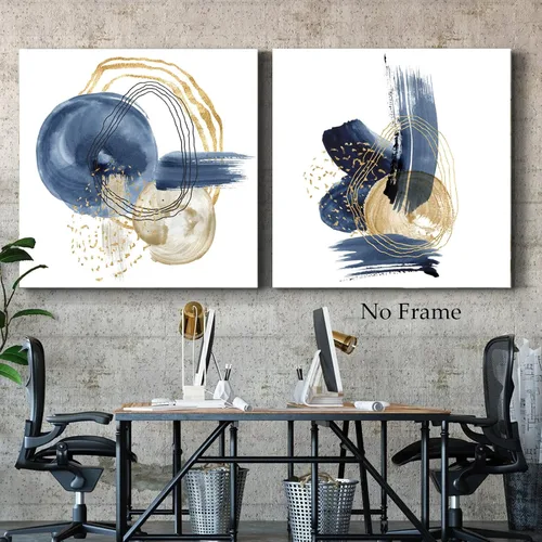 Vista 3 de GADZRTIL Cuadro geométrico azul, pintura azul dorada, impresión geométrica abstracta, lienzo índigo, arte de pared, póster minimalista azul, arte